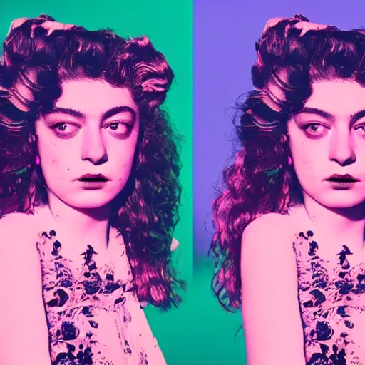 Image similar to 8k high detailed 35mm wide angle lens photograph of lorde in futurecore attire experiencing complete euphoria, vivid details, in the style of Andy Warhol