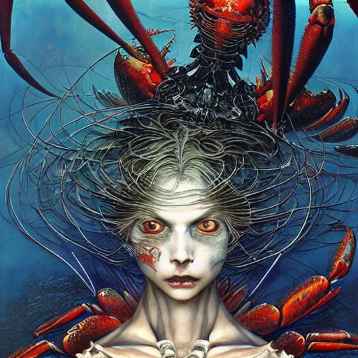 Prompt: realistic detailed image of Crab People at the dmv by Ayami Kojima, Amano, Karol Bak, Greg Hildebrandt, and Mark Brooks, Neo-Gothic, gothic, rich deep colors. Beksinski painting, part by Adrian Ghenie and Gerhard Richter. art by Takato Yamamoto. masterpiece