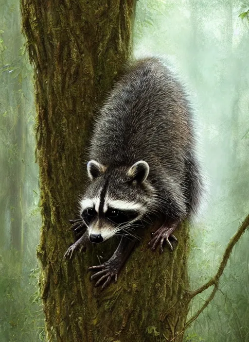 Prompt: a swamp raccoon, on a tree, by james gurney, brad kunkle, charlie bowater, highly detailed digital art, artstation