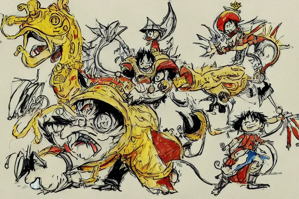 Image similar to concept sketches of luffy wearing a gold crown riding a large dragon by jamie hewlett, in the style of megaman