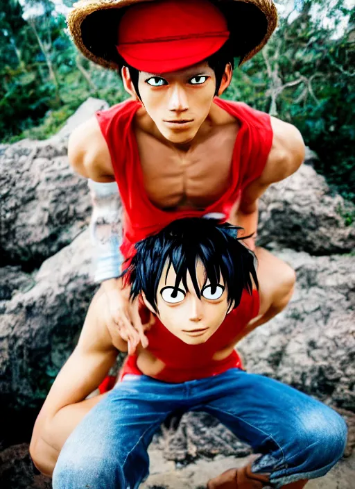 Image similar to A full portrait photo of real-life luffy one piece, f/22, 35mm, 2700K, lighting, perfect faces, award winning photography.