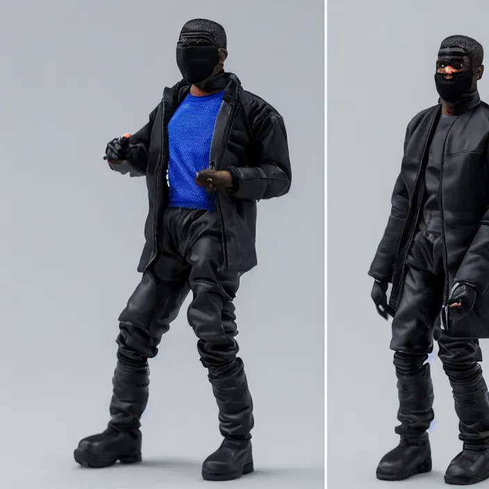 Prompt: a action figure of kanye west using full face - covering black mask with small holes. a small, tight, undersized reflective bright blue round puffer jacket made of nylon. a shirt underneath. jeans pants. a pair of big rubber boots, figurine, detailed product photo, 4 k, realistic, acton figure, studio lighting, professional photo