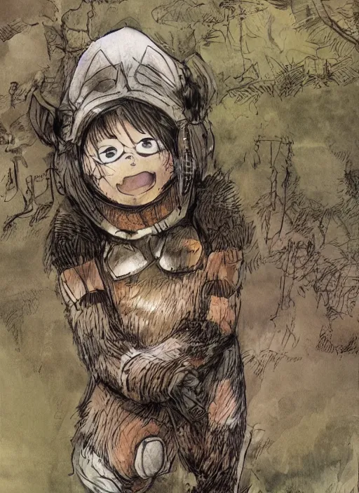 Image similar to beautiful little boy wearing an cyborg bear suit, artwork in kentaro miura and made in abyss and rosdraws, smooth, beautiful lightness, anatomically correct, trending on pixiv, forest