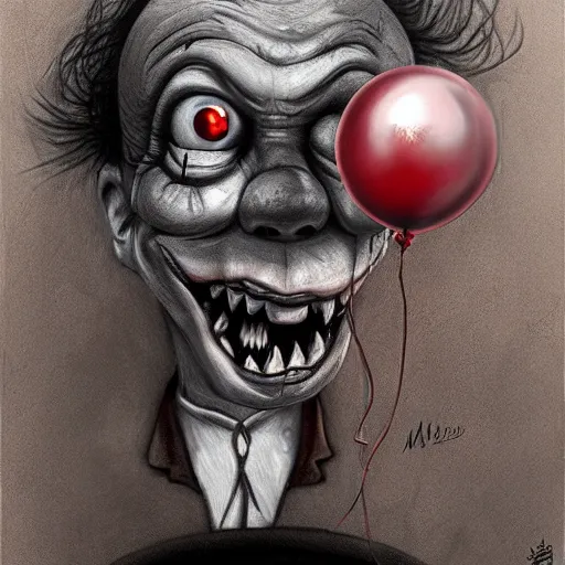 Image similar to surrealism grunge cartoon portrait sketch of a monster with a wide smile and a red balloon by - michael karcz, loony toons style, pennywise theme, horror theme, detailed, elegant, intricate