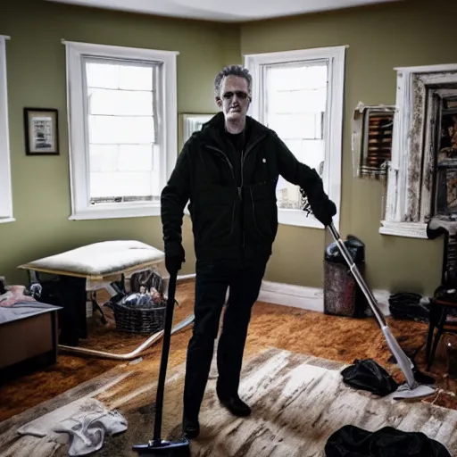 Prompt: Jordan Peterson is cleaning his filthy room, photography