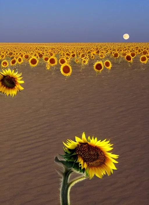 Prompt: an endless desert, only one sunflower, a moon in the sky