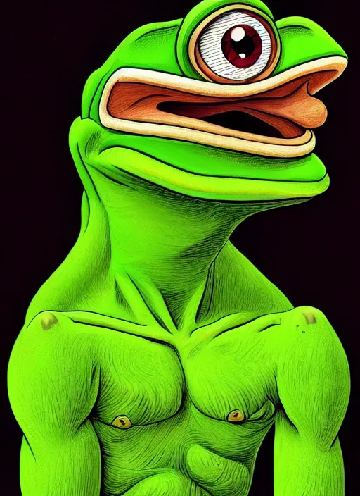 Image similar to pepe the frog by matt furie!!!, male, sad, depressed, portrait, intricat, highly detailed, digital painting, artstation, concept art, wallpaper, smooth, sharp focus, illustration, art by h. r. giger and artgerm and greg rutkowski and alphonse mucha