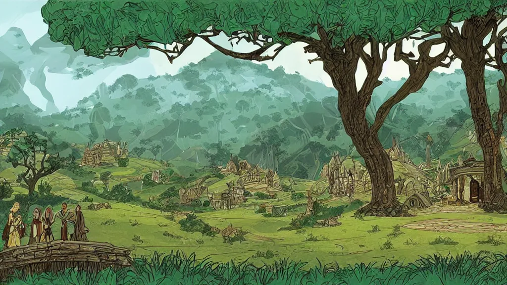 Image similar to a genndy tartakovsky illustration of the shire from lord of the rings