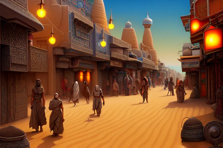 Image similar to isometric view of a highly detailed bazaar street in the dune city of tyr from the land of athas, amazing dark sun digital painting, by gerald brom, brom digital art, intricate details, ultra realistic, beautiful art, volumetric lighting, warm colors advance cool colors recede, by brom, trending cgsociety, artstation, rim lighting, 8 k