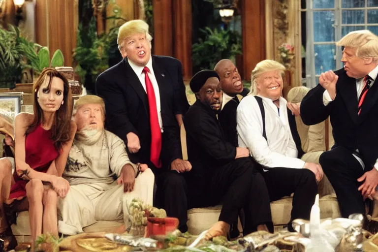 Prompt: Angelina Jolie, Boris Johnson, Mr T, Donald Trump, Wesley Snipes, best friends, on set of Friends TV show, still photo, hyperrealistic, 35mm, 8k, by weta digital