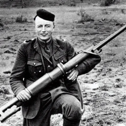 Image similar to old wartime photograph of elon musk holding a lewis gun, 1 9 1 7