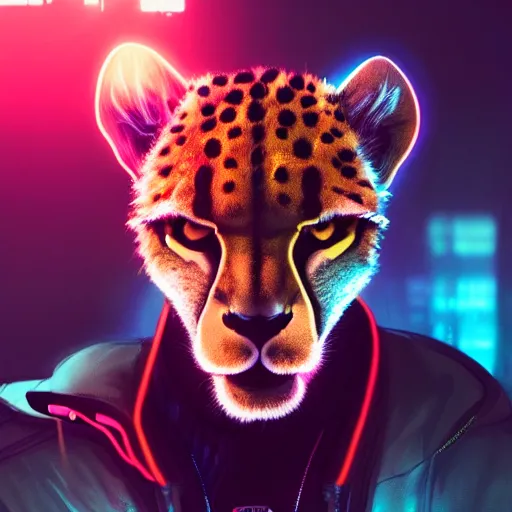 Image similar to a beautiful commission portrait of a male anthro cheetah wearing a neon jacket,futuristic,detailed face,mohawk,cyberpunk city,deviantart,artstation,art by greg rutkowski,ross tran,professional lighting,neon city,night,raytracing,highly realistic,4k,dramatic,hyperrealism