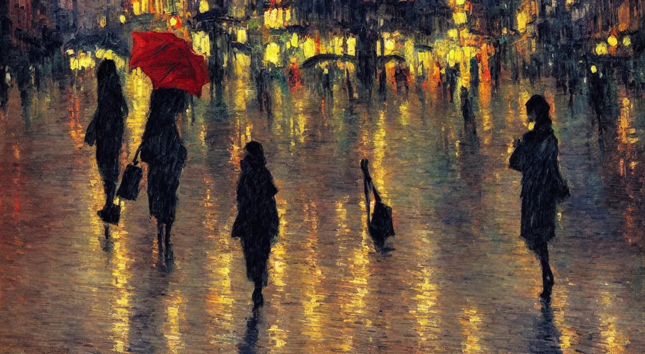 Prompt: evening city scene with young woman with umbrella. beautiful use of light and shadow to create a sense of depth and movement. post - impressionism, using energetic brushwork and a limited color palette, providing a distinctive look and expressive quality in a rhythmic composition