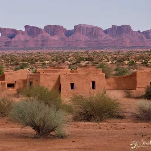 Image similar to A village of mud and bricks houses perched on top a wide mesa, in the Arizona desert. Scenic view, trending on 500px