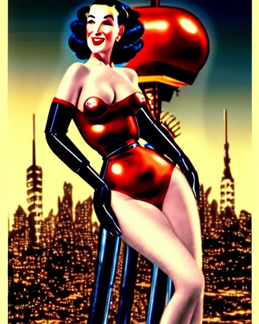 Prompt: closeup beautiful retro space dita von teese posing with a chrome robot in diesel punk city at night, pinup, windblown dark hair, seductive, hyper detailed, digital art, smooth, sharp focus, gil elvgren, luis royo, alberto vargas, 1 9 5 0, when mars attacks