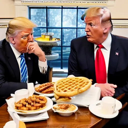 Image similar to photograph of trump and Biden sitting and eating breakfast at a Wafflehouse