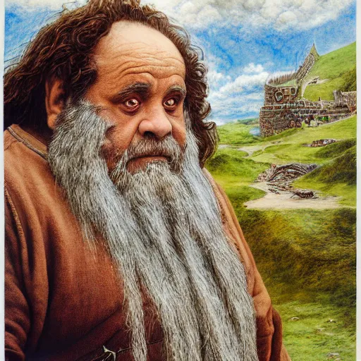 Image similar to danny devito as gimli, by alan lee, frank reynolds, lord of the rings calendar, smooth, detailed terrain, oil painting, matte painting, concept art, trending on artstation, promotional artwork, film still