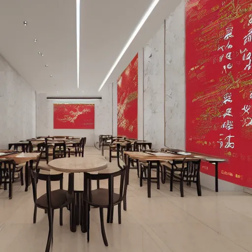 Image similar to a beautiful simple interior render of roasted string hotpot restaurant restaurant yan'an, wall corner, from china, red paper wall and white tile floor, white porcelain table, with merchant logo, fine simple delicate structure, chinese style, simple composition, simple style structure decoration design, victo ngai, 4 k hd