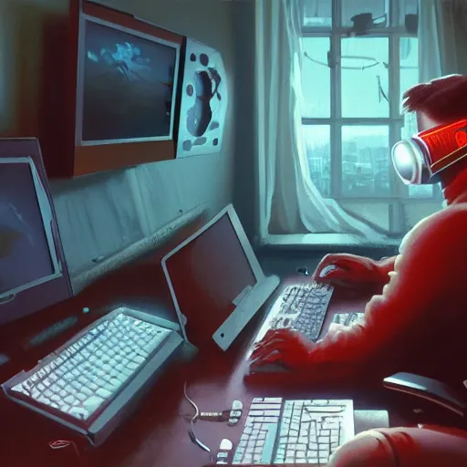 Prompt: soviet union ussr gas masked russian bot hybrid influencer sitting on chair on computer playing games on led keyboard and gaming mouse, russian, ussr, soviet union, led gaming, led gamers keyboard, dark and gloom, extremely detailed oil painting, rhads, Bruce Pennington, Studio Ghibli, tim hildebrandt, cinematic, octane render, beautiful composition, trending on artstation, award-winning photograph, masterpiece