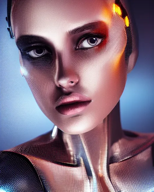 Image similar to fashion portrait, most beautiful girl in the world, glowing cybernetic augments, hyperrealism, year 2447, cdx