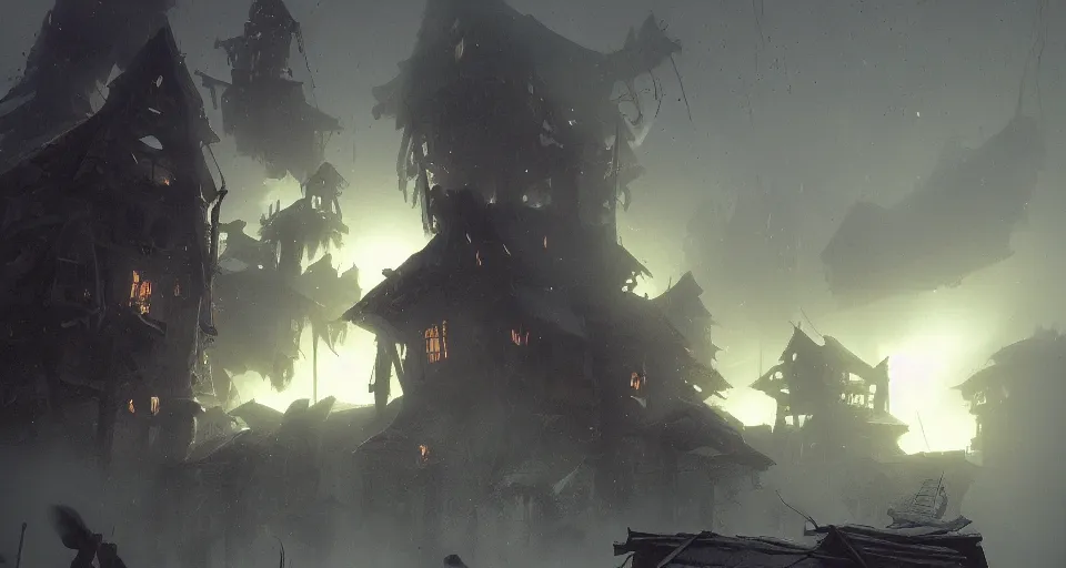 Image similar to big giant ogre troll with a club attacks wooden village houses. Destruction dust and fog. Atmospheric beautiful by Eddie mendoza and Craig Mullins. volumetric lights