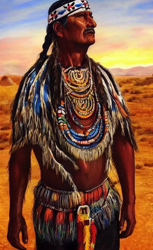 Image similar to full shot picture of indigenous leader standing in the desert, painted by lucian frued, hd, realistic lighting