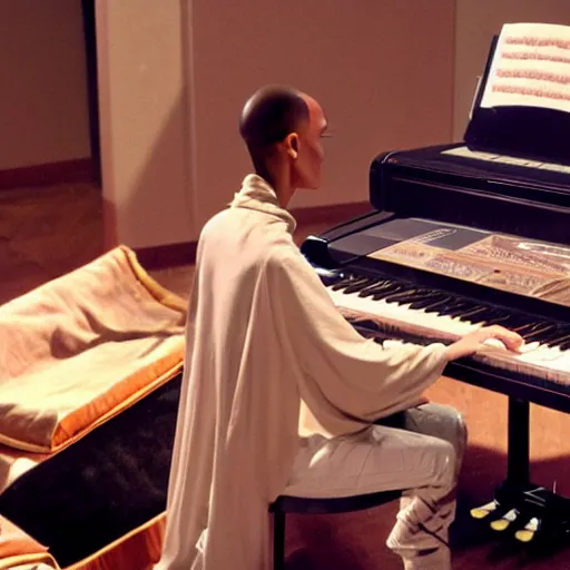 Image similar to Aang from Avatar the last airbender playing the piano