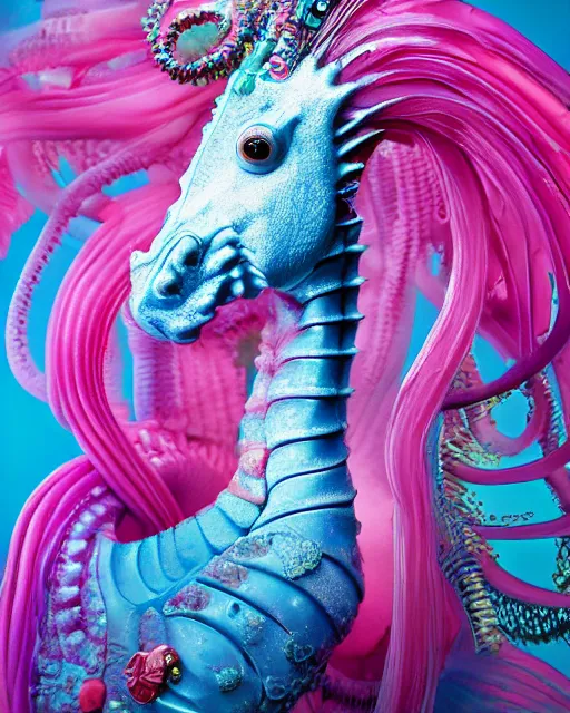 Prompt: natural light, soft focus portrait of a cyberpunk anthropomorphic seahorse with soft synthetic pink skin, blue bioluminescent plastics, smooth shiny metal, elaborate ornate head piece, piercings, skin textures, by annie leibovitz, paul lehr