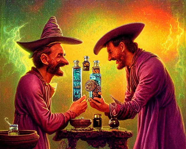 Image similar to A richly detailed fantasy digital art of an ancient vintage apothecary magic arcane nebula healing elixir potion bottle trading card an esoteric blender render by Bob Eggleton, two jolly wizards enthusiastically drinking and imbibing magic potions