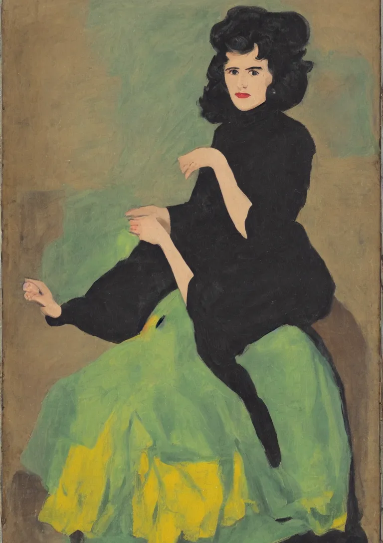 Image similar to a portrait of a young woman from the fifties, seated in front of a landscape background, her black hair is a long curly, she wears a dark green dress pleated in the front with yellow sleeves, puts her right hand on her left hand, mannerism