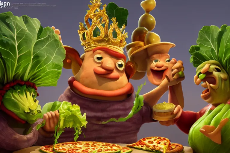 Image similar to cabbage character, king, wearing golden crown, pizza, wood fired oven, cooking pizza, high heat, walrus waving in background, highly detailed 3 d render, artstation, surrealism, pixar