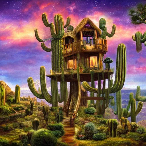 Prompt: fancy treehouse mansion built in a giant cactus on top of plateau overlooking grand canyon detailed luminescent magical realism 4 k painting