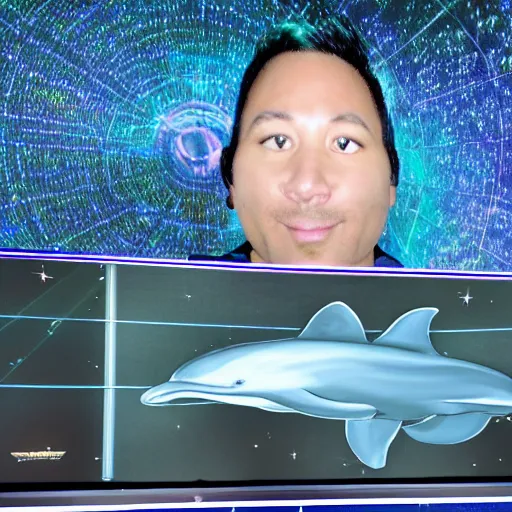 Prompt: a starfleet captain who is a dolphin human hybrid stands before a screen displaying the starfield around them, hyper realistic, highly detailed