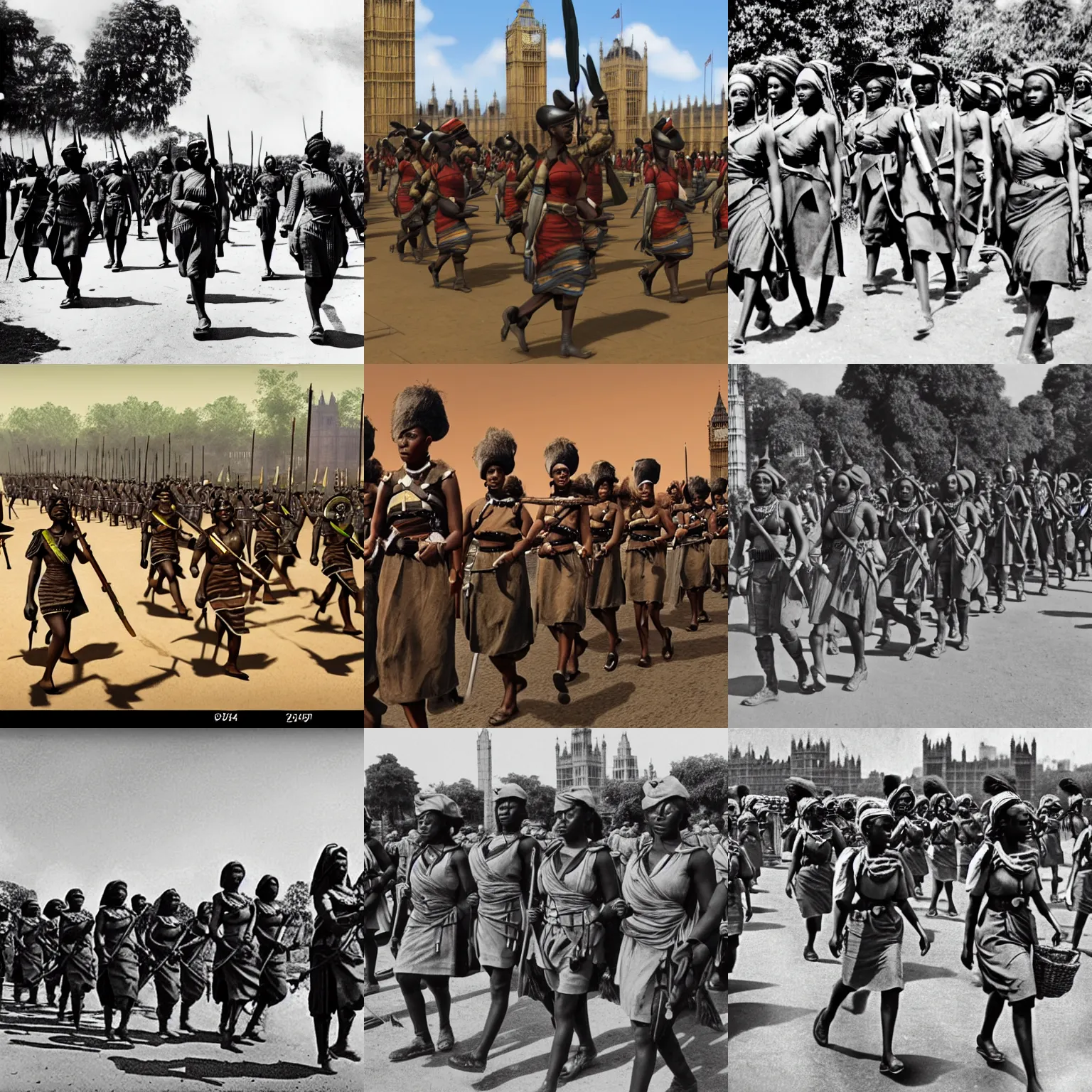 Prompt: Female Dahomey Amazon soldiers march toward the Houses of Parliament in London, 1946, alternate history, loading screen art for the game 'Hearts of Iron 4'
