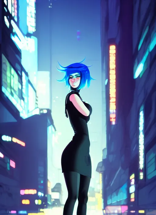 Image similar to hyper realistic photograph of cyberpunk pretty girl with blue hair, wearing a tight black dress, in city street at night, by makoto shinkai, ilya kuvshinov, lois van baarle, rossdraws, basquiat