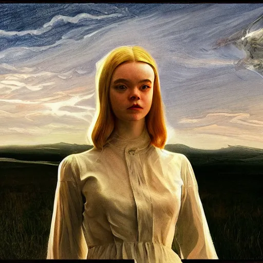 Image similar to Elle Fanning in the painted world of space, head and shoulders masterpiece, apocalypse, golden hour, cosmic horror, artstation, in the style of Andrew Wyeth and Edward Hopper and Bosch, extremely detailed