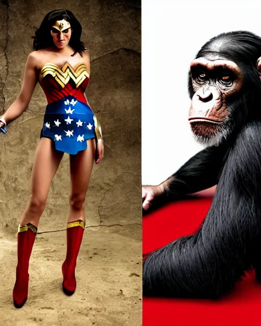 Image similar to photos of a Chimpanzee dressed as Wonder Woman. Photography in the style of National Geographic, photorealistic