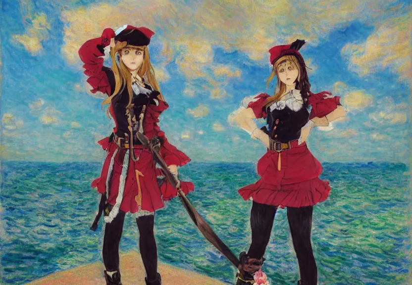 Image similar to wide angle painting of a female pirate, a thrifty uniform, somewhat of an anime in impressionist style, trending artwork, illustrated in anime painter studio, by claude monet and an anime artist, collaboration