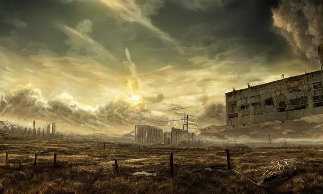 Image similar to post apocalyptic landscape, there is a nuclear explosion in the background, few sun rays, wallpaper, photo, hd, high detailed