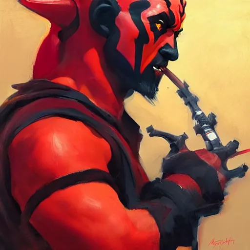 Image similar to greg manchess portrait painting of darth maul as overwatch character, medium shot, asymmetrical, profile picture, organic painting, sunny day, matte painting, bold shapes, hard edges, street art, trending on artstation, by huang guangjian and gil elvgren and sachin teng