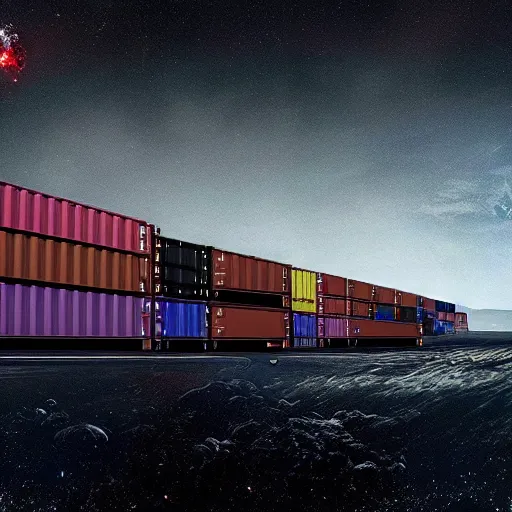 Image similar to spaceship made of shipping containers, black background, eve online, the expanse, long shot, gritty, industrial