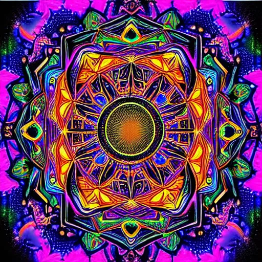 Image similar to “intricate psychedelic black light art mandala by dan mumford”