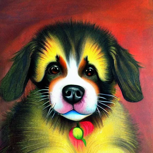 Image similar to a cute little bovaro mountain dog puppy, renaissance painting, high quality, bright colors