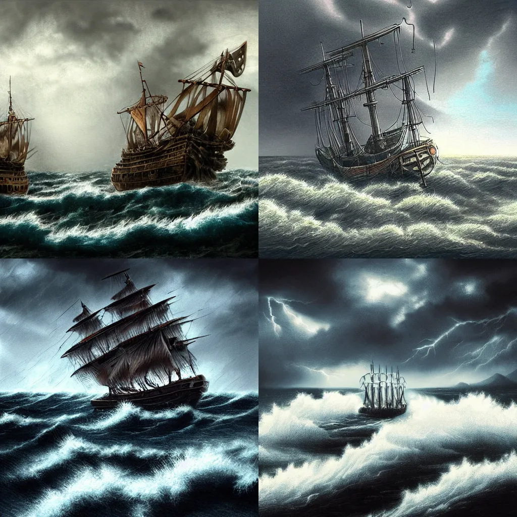 Prompt: skeletons on a ship during thunderstorm on a turbulent sea, high detail!!!, hyperrealistic, mysterious, dark colors, dark background, fanatsy,