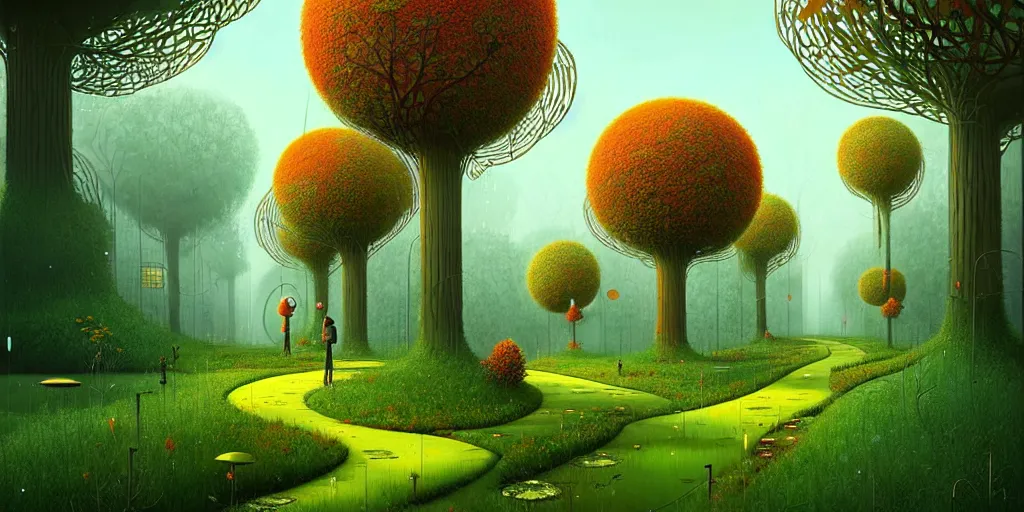 Prompt: Beautiful artwork city of the future, overgrown with trees and plants. Nice colour scheme, warm colour. Beautiful artistic digital artwork by artist Lurid. (2022), Gediminas Pranckevicius