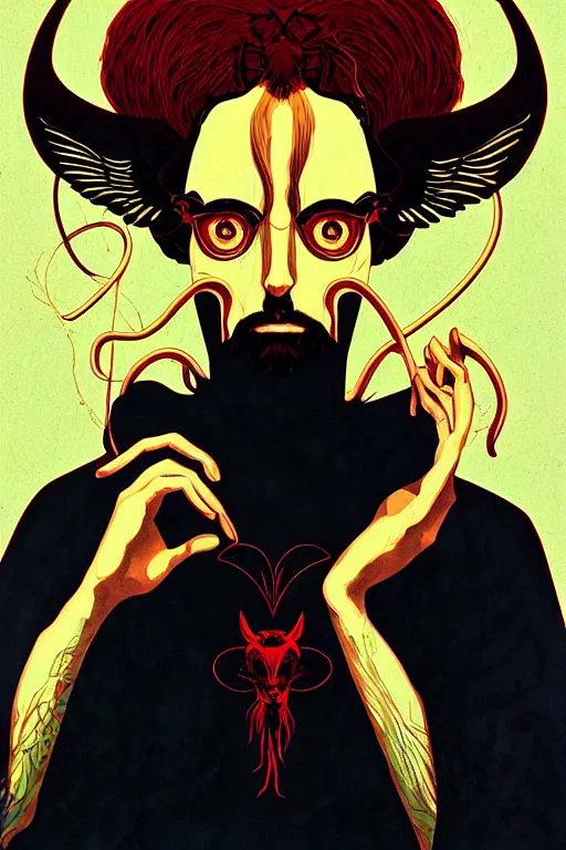 Prompt: portrait of baphomet by james jean by ilya kuvshinov kintsugi