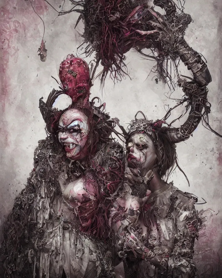 Image similar to Beautiful Hyperdetailed Clown Playing Card a cybergoth fantasy portrait by Santiago Caruso and Nekro and Seb McKinnon, vivid color, unstirred paint, cgsociety 4K.