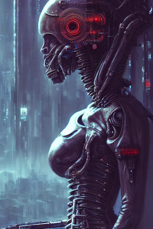 Image similar to a highly detailed long shot photo of cyberpunk female character by ayami kojima, elf, beksinski, giger, elf, gun, intricate, digital painting, artstation, concept art, smooth, sharp focus, full body