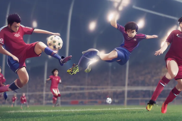 Image similar to anime soccer player scores goal with high kick, hyper realism, octane render