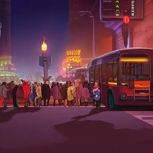 Image similar to few people waiting in a bus stop in dark city night, detailed, high quality, high resolution, screenshot from Zootopia